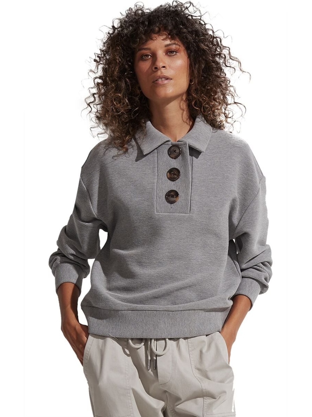 Varley Andale Ottoman Rib Button-Collar Sweatshirt Grey Marl XS